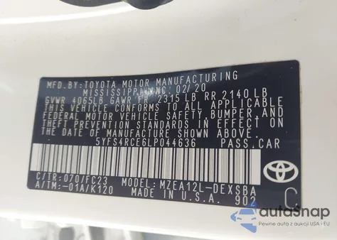 2020 Toyota Corolla Se from USA, damaged, VIN 5YFS4RCE6LP044636